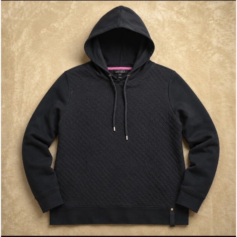 Lauren Ralph Lauren Womens 1X Black Quilted Front Pullover Hoodie Sweatshirt